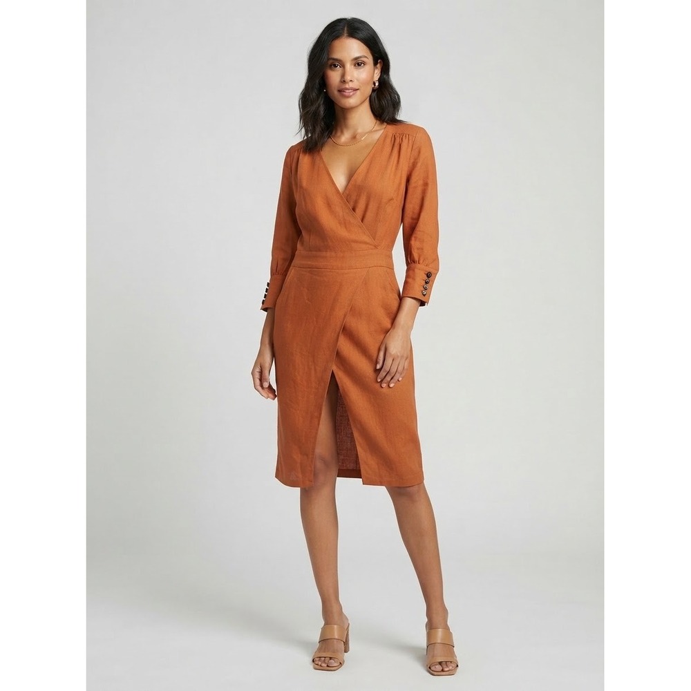 Mango Suit Rust Orange Linen Blend Wrap Women Midi Dress Sz 4 V-Neck 3/4 Sleeve